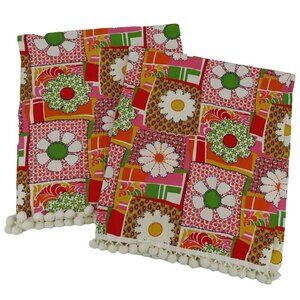 Retro 2 Curtains Pink White Yellow Orange Floral Flower Patchwork Pom Pom Trim